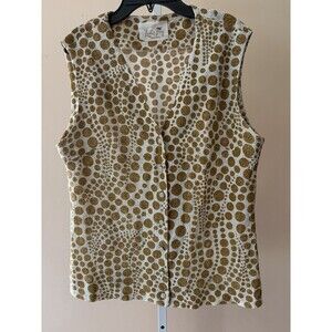 Vtg. Leslie Fay Blouse Gold Polka Dot Art Deco Rhinestone Button Shirt Vest L